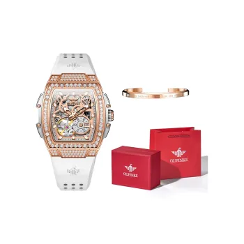 Oupinke Tonneau Shaped Mechanical Movement Silicone Strap Watch Women's Watch White Dial