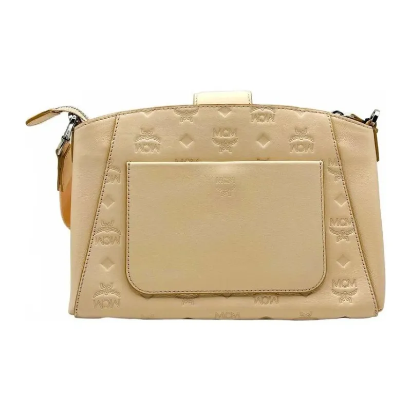 MCM Leather Tote Bag Shopping Bag Shoulder Bags Small Size Women's Beige-3