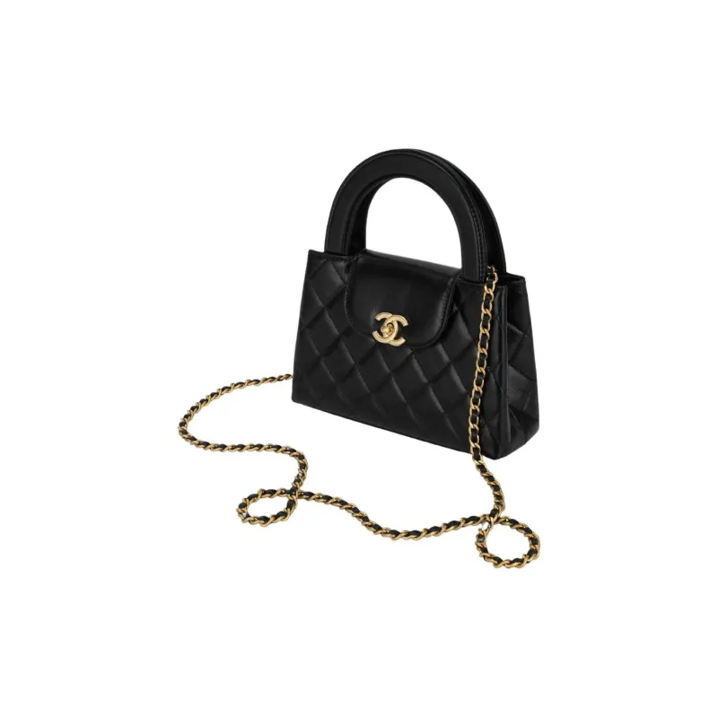 CHANEL Kelly Shiny Crumpled Calfskin Chain Mini Shopping Bag Women's Black-2