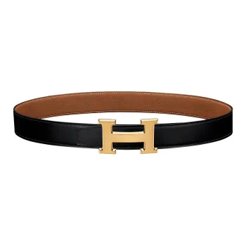 HERMES Togo Calfskin Leather Belts Men's Black/Gold Width  3.2cm
