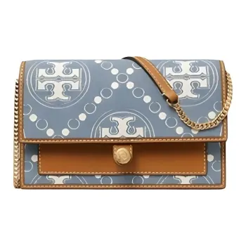 TORY BURCH T Monogram Fabric Cow Leather Patchwork Shoulder Bag Crossbody Bag Small Size Women's Blue & Brown & White