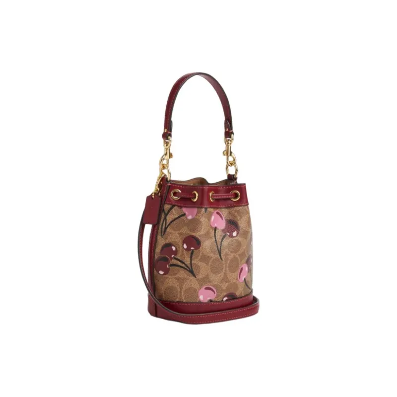 COACH Artificial Leather Bucket Bag, One Shoulder Handbag Mini Women's Brown & Yellow & Multicolor-1