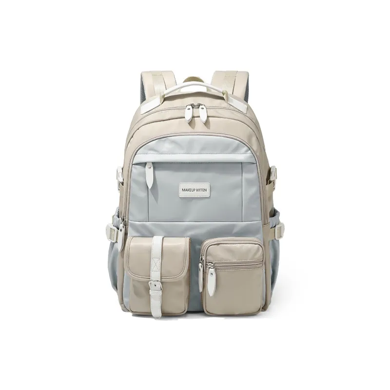 MAKEUP KITTEN Nylon Synthetic Leather Multi Pocket Student Backpack Regular Unisex Apricot-1