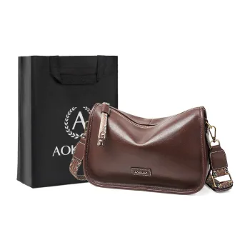 AOKANG Cow Leather Pillow Bag, Shoulder Bag, Crossbody Bag Medium Size Women's Cocoa Coffee/Gold Brown/Vintage Black