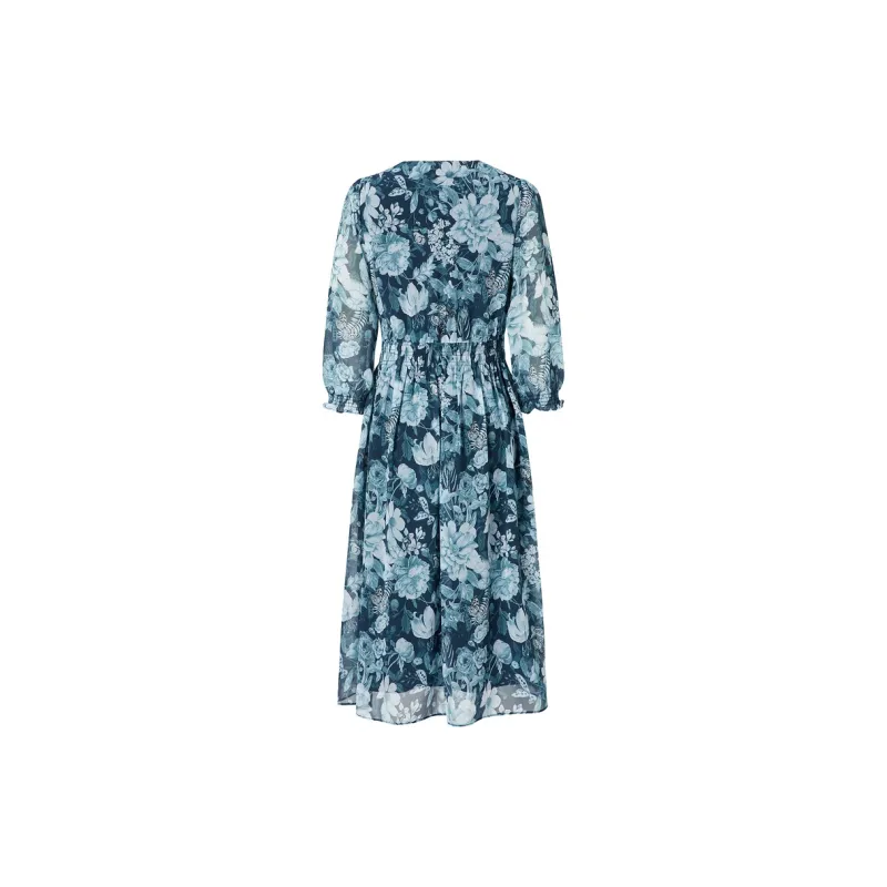 JZ. ANNAKRO Long Sleeved Dresses Women's Floral Dark Blue-1
