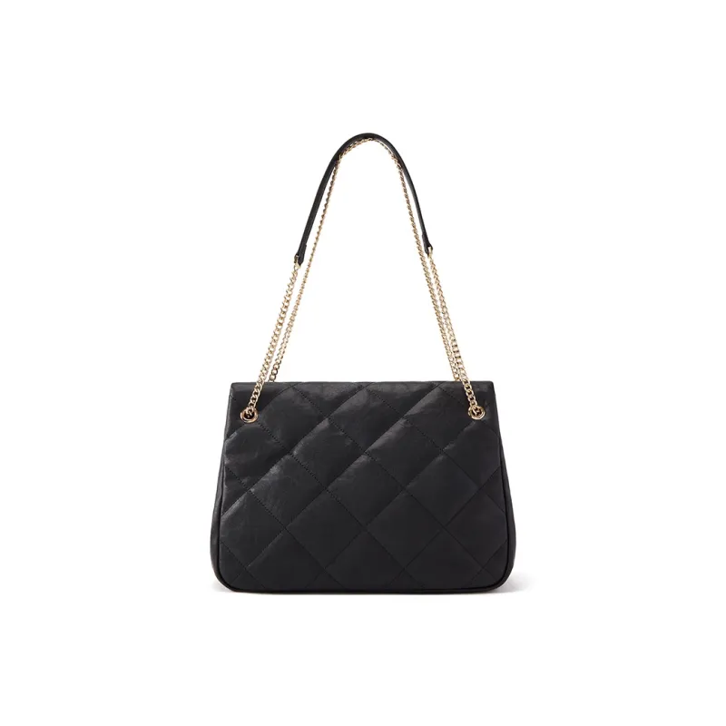 ELLE Synthetic Leather Shoulder Bag, Crossbody Bag, Flap Bag, Large Bag Women's Black/Caramel-2