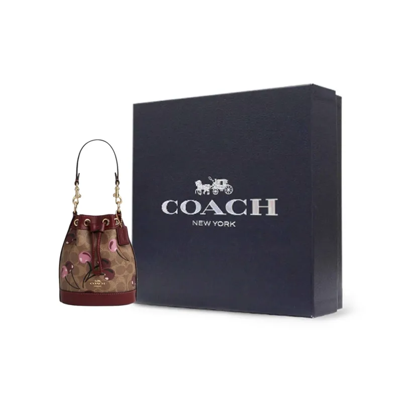 COACH Artificial Leather Bucket Bag, One Shoulder Handbag Mini Women's Brown & Yellow & Multicolor-6