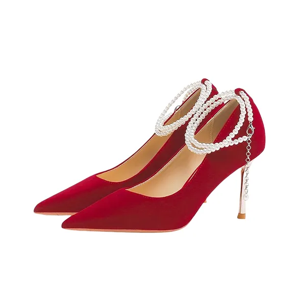 Crelinkxlat Box Celebration Wedding Elegant Pointed Toe Slim Heel High Heels Women's Red-1