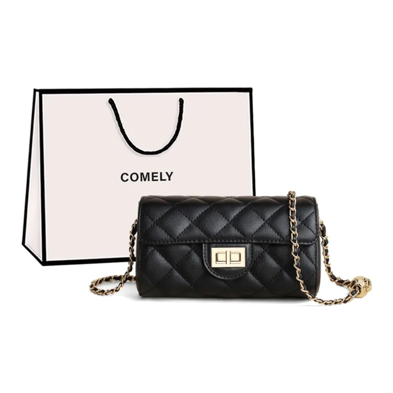COMELY Synthetic Leather Patchwork With Cow Leather Chain Bag Shoulder Bag Crossbody Bag Regular Women's Black-0