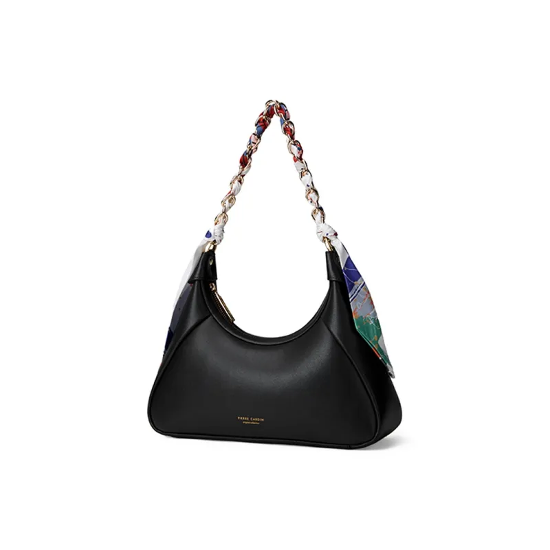 PIERRE CARDIN Cow Leather Shoulder Bag, Crescent Bag, Shoulder Bag Women's Black/Light Brown-4