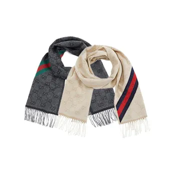GUCCI Wool Knit Scarves Unisex Black Gray+Ecru