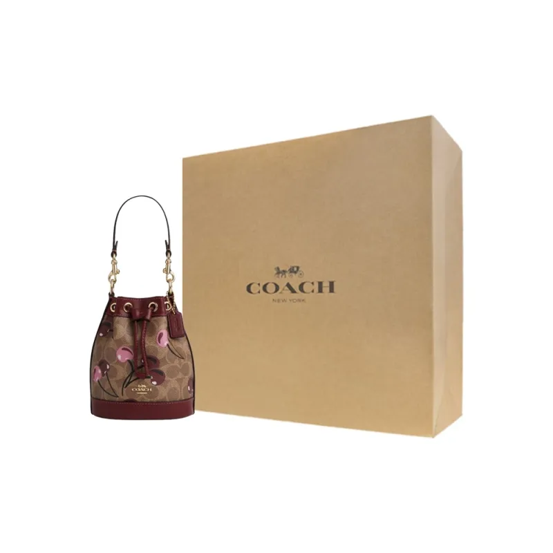 COACH Artificial Leather Bucket Bag, One Shoulder Handbag Mini Women's Brown & Yellow & Multicolor-4