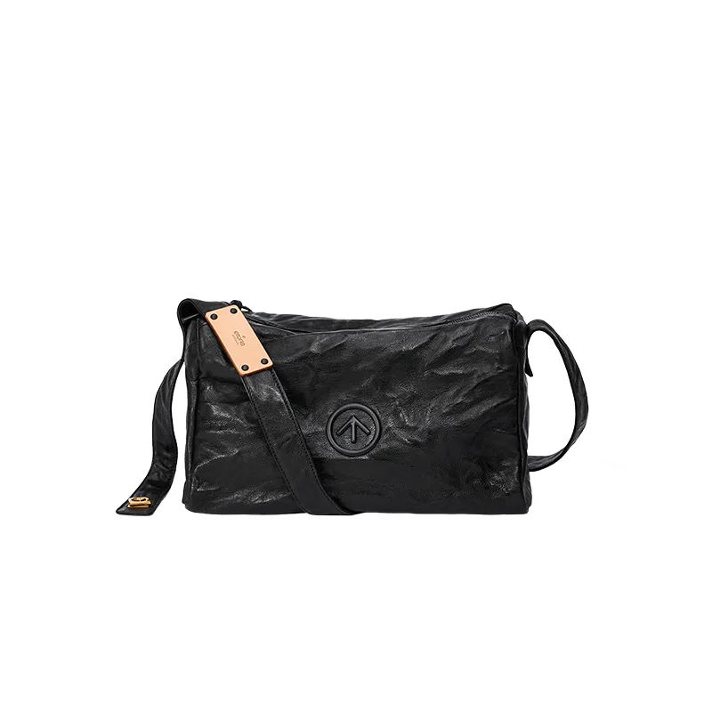 GROTTO Sheepskin Black Stone Bag Shoulder Bag Crossbody Bag Medium Size Unisex Black-5