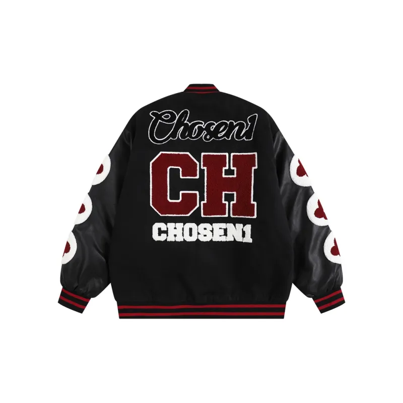 CHOSEN1 CH Small Flower Baseball Jacket Unisex Red Wine Color Scheme-1