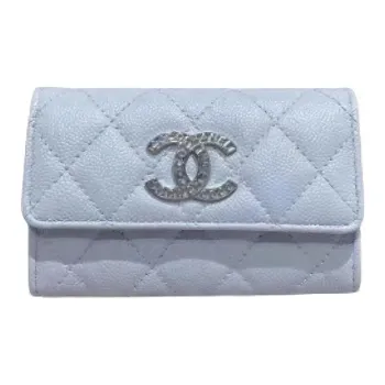 CHANEL Leather Tri Fold Card Holder, Coin Purse Women's Gray Blue