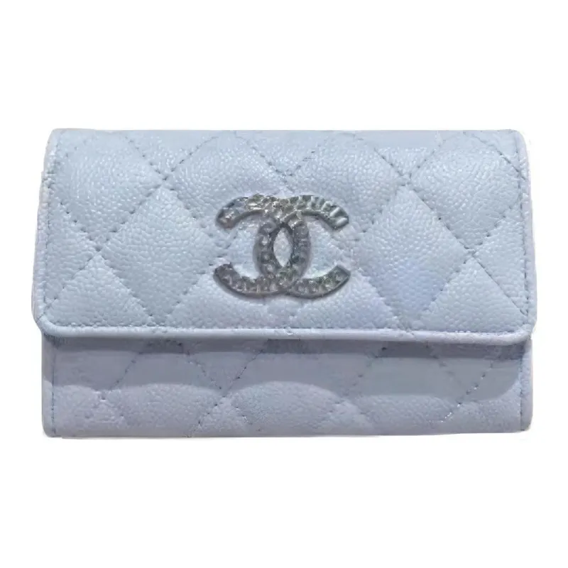 CHANEL Leather Tri Fold Card Holder, Coin Purse Women's Gray Blue-0
