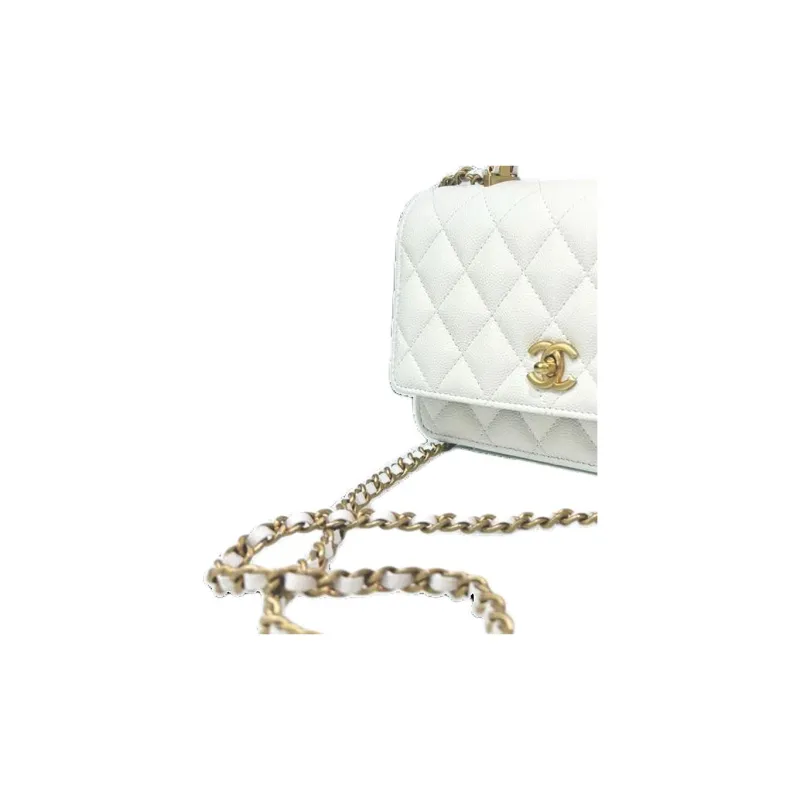 CHANEL 24A Gold Buckle Calfskin Handbag Crossbody Chain Bag Women's White-5