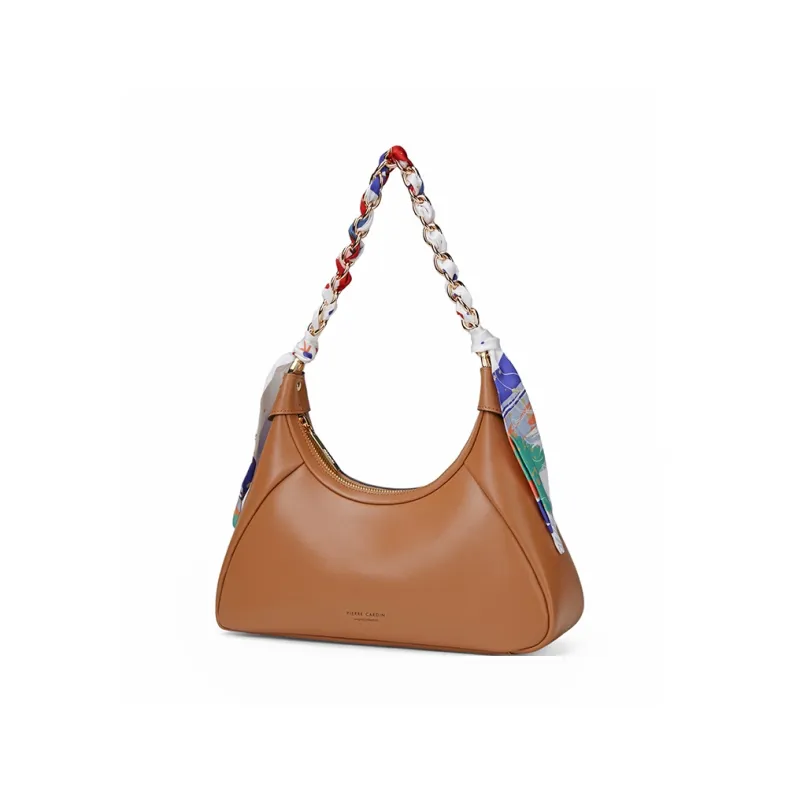 PIERRE CARDIN Cow Leather Shoulder Bag, Crescent Bag, Shoulder Bag Women's Black/Light Brown-8