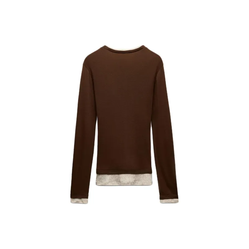 ZARA Drop Shoulder Sleeve T Shirt Women's Brown-1