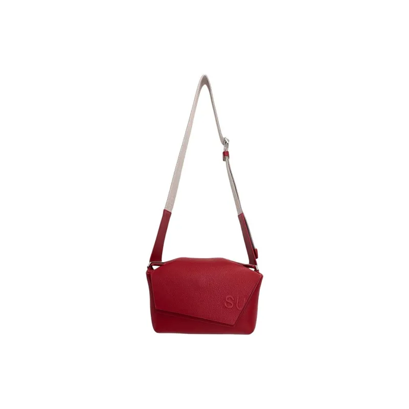 SUREN Top Grain Cow Leather Shoulder Bag Crossbody Bag Medium Size Women's Black/Milk Tea Brown/Vermilion-5
