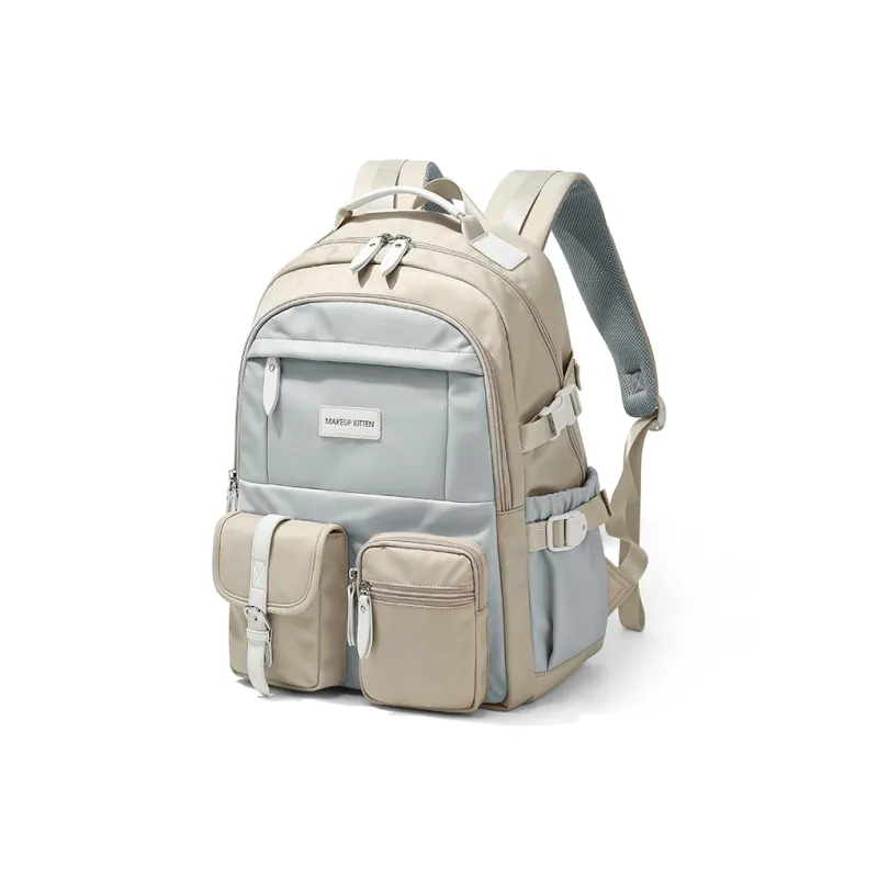 MAKEUP KITTEN Nylon Synthetic Leather Multi Pocket Student Backpack Regular Unisex Apricot-2