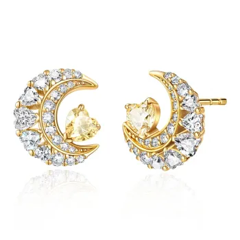FANCI Dreamy Heart Moon Series S925 Silver Set With Gemstones Stud Earrings Women's Gold Silver