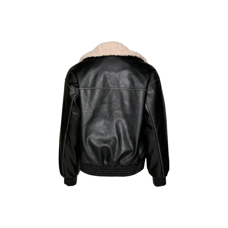 NASTY GAL Fur Collar Oversized Faux Leather Bomber Jackets Coats Women's Black-1