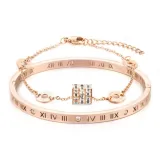 Roman Numeral Bangle+Small Round Pendant Bracelet[Rose Gold]