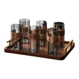Smoke Gray Wooden Ring Cup/6 Pack+Gold Handle Tray