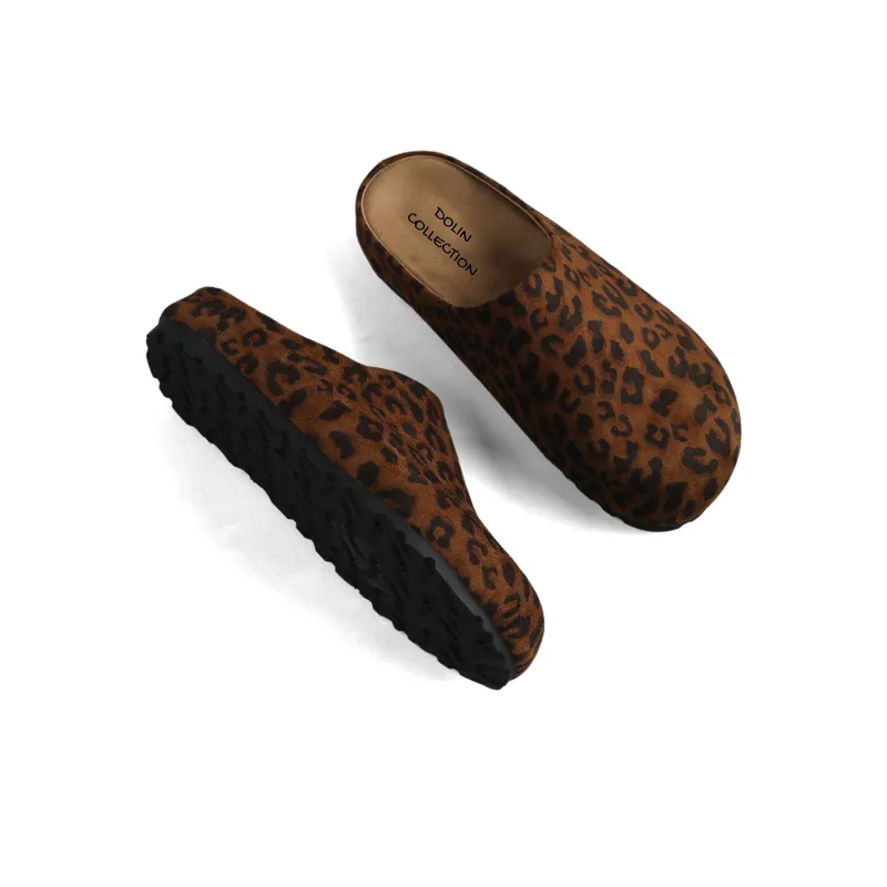 DOLIN COLLECTION Fleece-Lined Closed Toe Slippers For Outdoor Wear Women's Leopard Print-13