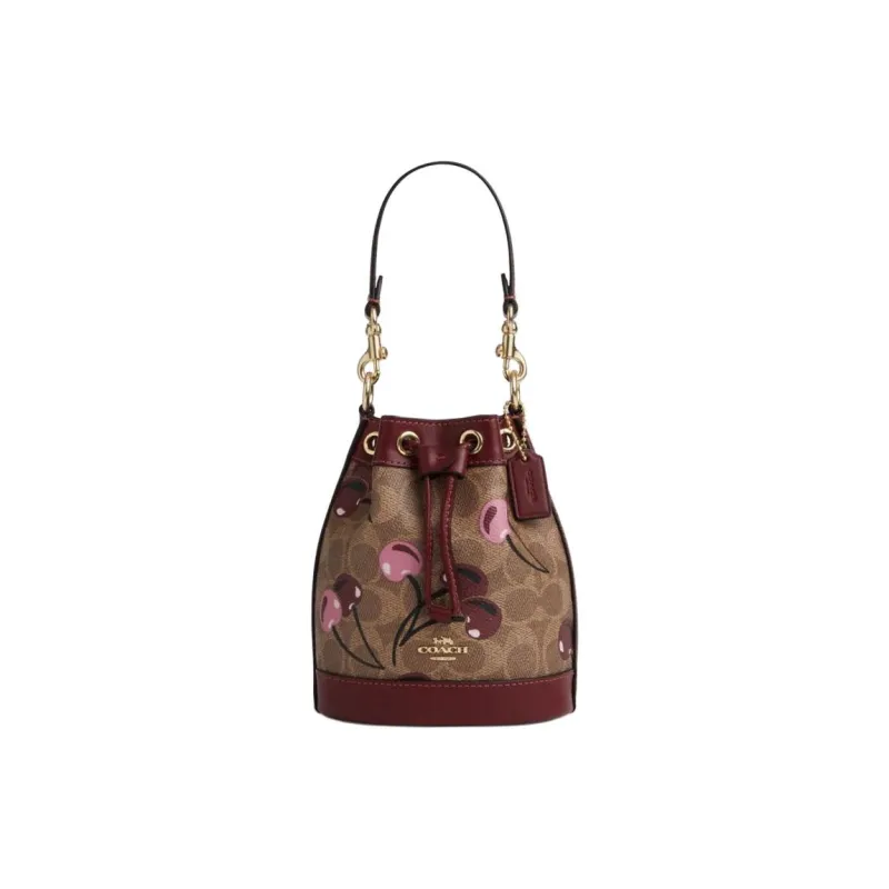 COACH Artificial Leather Bucket Bag, One Shoulder Handbag Mini Women's Brown & Yellow & Multicolor-0
