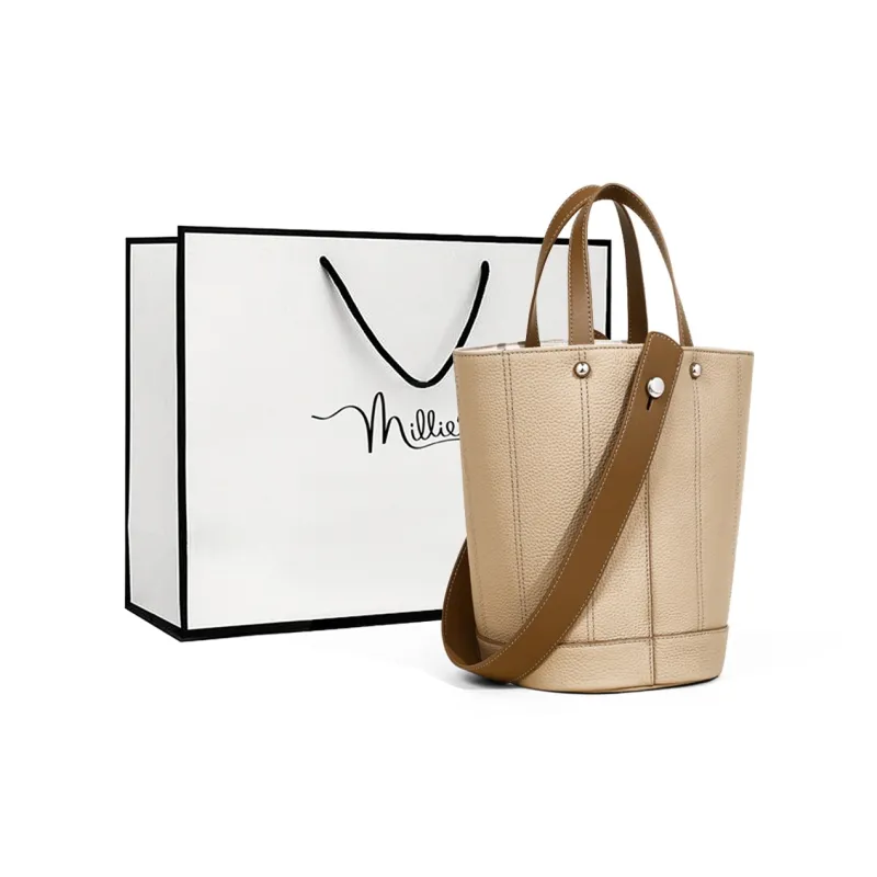 MILLIE'S Cow Leather Bucket Bag, Shoulder Bag, Crossbody Bag, Handbag Regular Women's White & Multicolor/Milk Tea-3