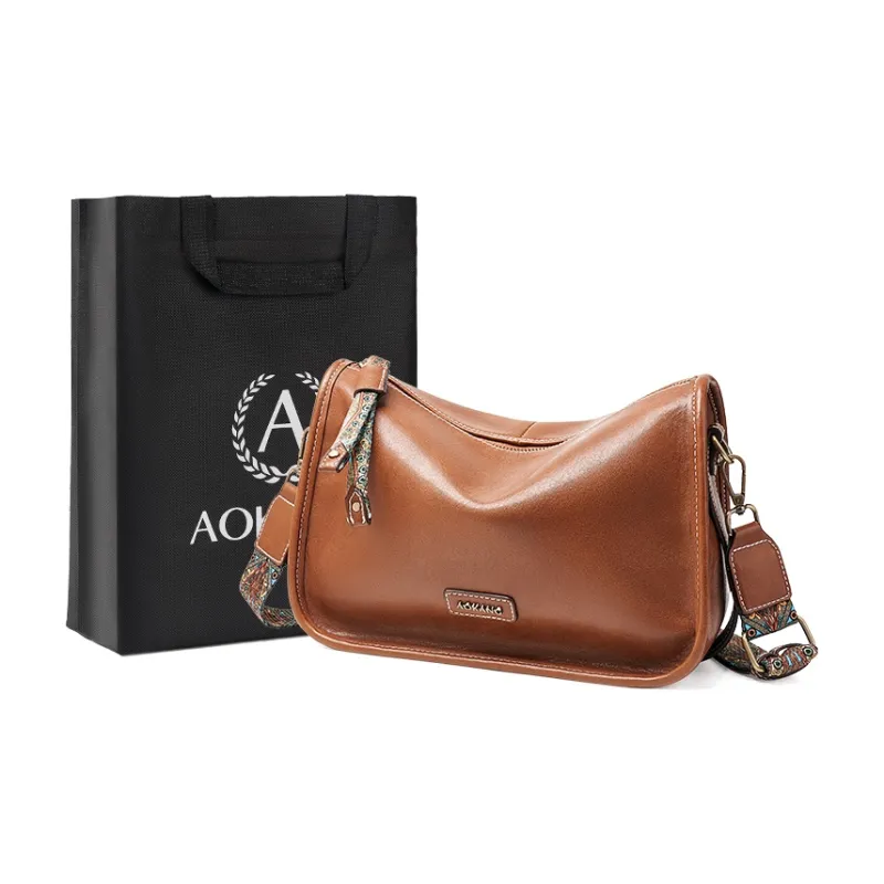 AOKANG Cow Leather Pillow Bag, Shoulder Bag, Crossbody Bag Medium Size Women's Cocoa Coffee/Gold Brown/Vintage Black-4