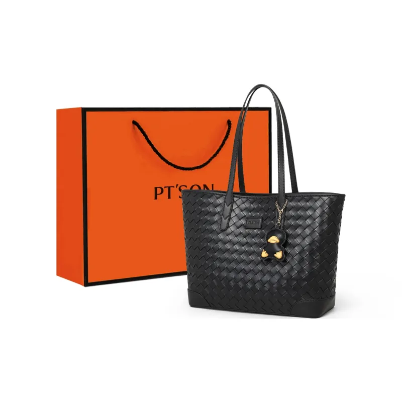 PT'SON Cow Leather Portable Underarm Shoulder Bag, Tote Bag, Shopping Bag Regular Women's Black-0