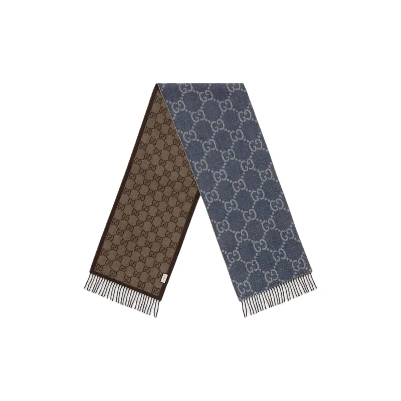 GUCCI Wool Knit Scarves Women's Marine Blue/Brown-1