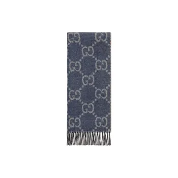 GUCCI Wool Knit Scarves Women's Marine Blue/Brown