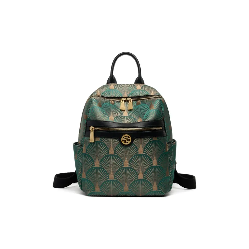 ZOOLER Cow Leather Backpack Medium Size Women's Elegant White/Dunhuang Green/Navy Black-9