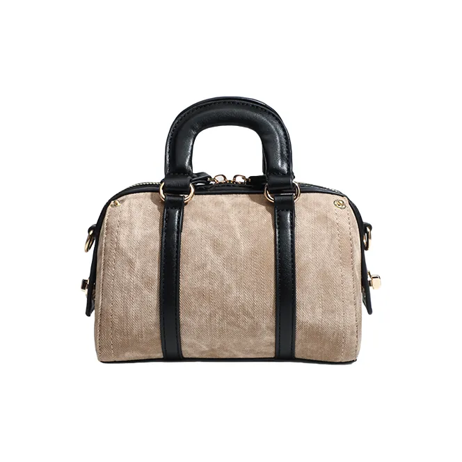 OCTSUI Synthetic Leather Boston Bag One Shoulder Handbags Women's Brown/Ecru/Glacier Blue-4