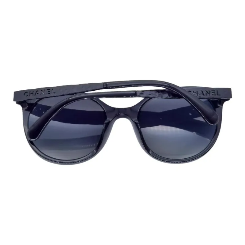 CHANEL Plate Frame Metal Round Sunglasses Unisex Black-4