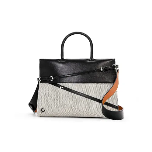 COWEC YCAKI Fabric Buckle Detail Tote Unique Design Shoulder Bag Handbag Large Size Women's Ecru & Black