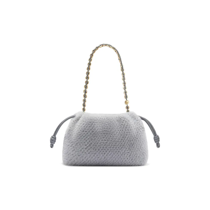 LOEWE Flamenco Knitted Fabric Portable Crossbody Bag Shoulder Bag Medium Size Women's Silver Gray-4