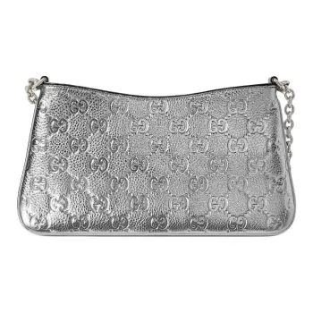 GUCCI GG Emblem Grain Leather Crossbody Bag, Shoulder Bag Small Size Women's Silver
