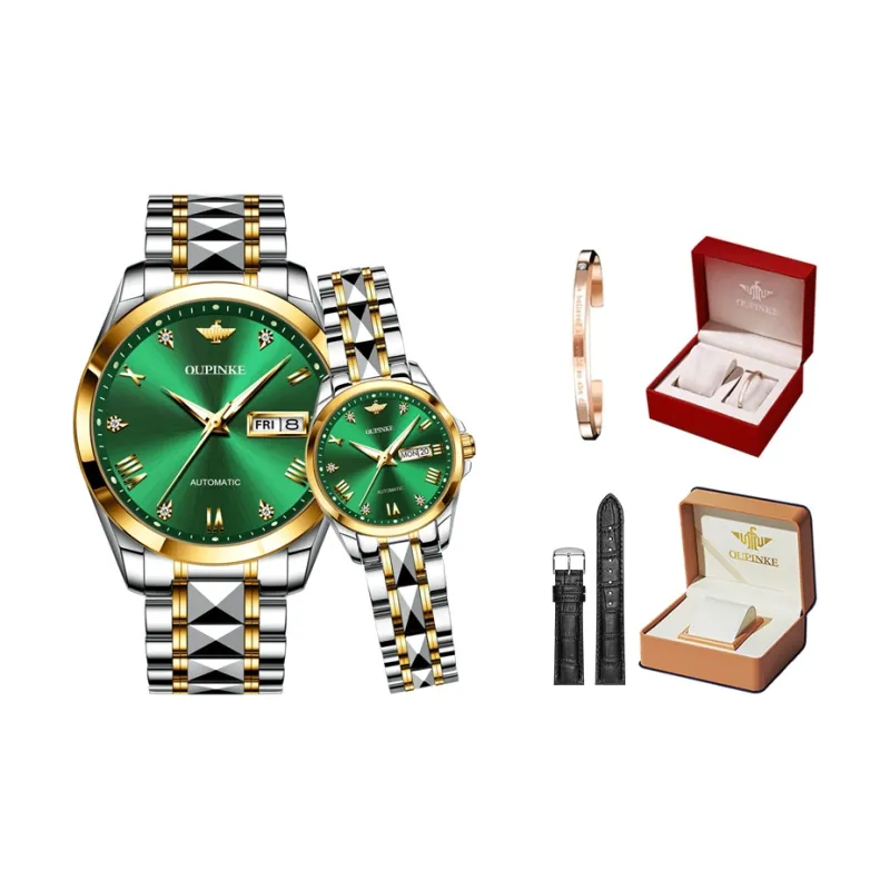 Oupinke Gaias Collection Watch Couple's 1 Pair Mechanical Movement Stainless Steel Watchband Watch Unisex White Dial-15