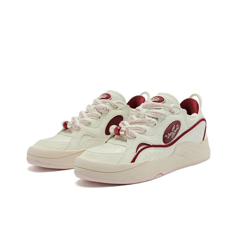 QIAODAN Egg Shoes Cushioning Wear Resistant Low Top Skateboard Shoes Women's Ivory Preppy Red-1