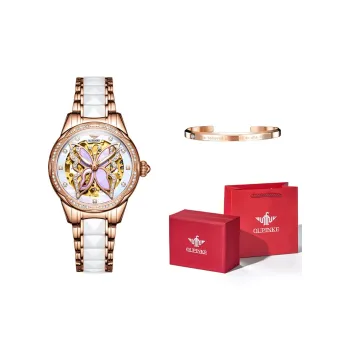 Oupinke AIR BORN Collection Ceramic Rhinestone Embellished Mechanical Movement Watch Women's Watch White Dial