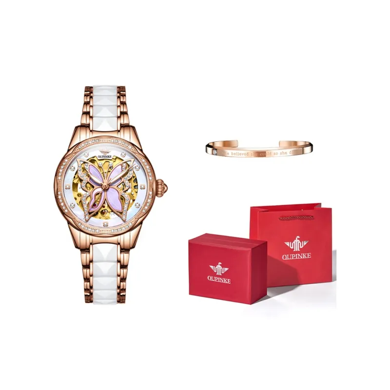 Oupinke AIR-BORN Collection Ceramic Rhinestone-Embellished Mechanical Movement Watch Women's Watch White Dial-0