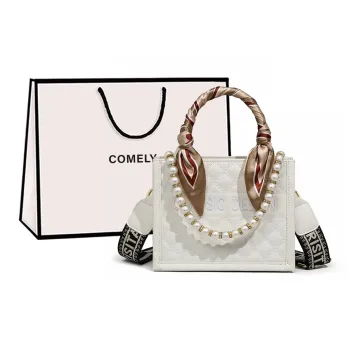 COMELY Cow Leather Patchwork Synthetic Leather Handbag Crossbody Bag Tote Shopping Bag Small Size Women's White