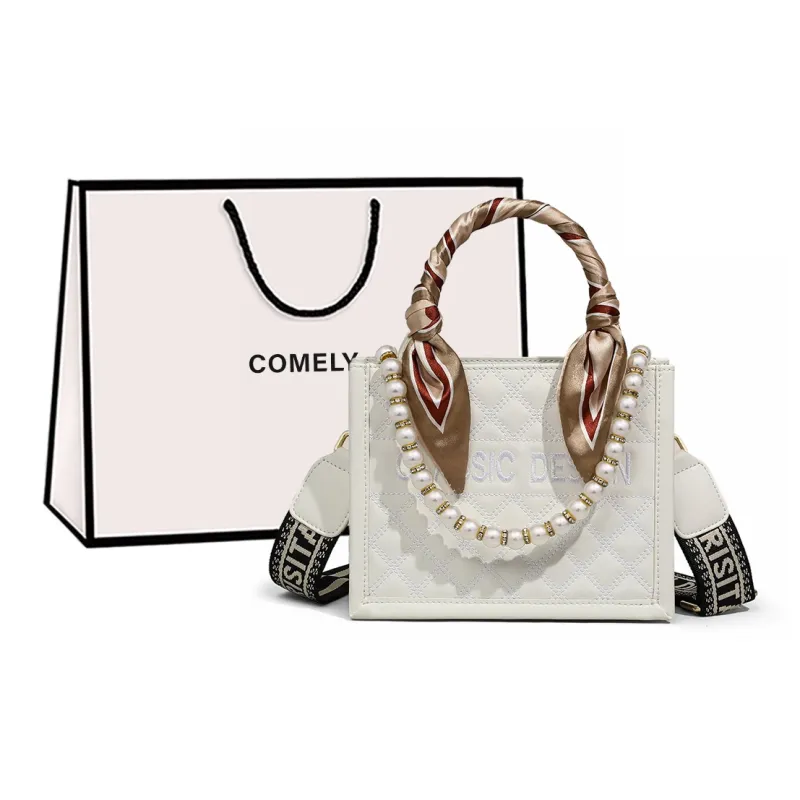 COMELY Cow Leather Patchwork Synthetic Leather Handbag Crossbody Bag Tote Shopping Bag Small Size Women's White-0
