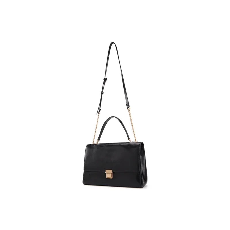ELLE Oil Wax Cow Leather One Shoulder Portable Crossbody Flap Bag Women's Black/Tea Brown-1