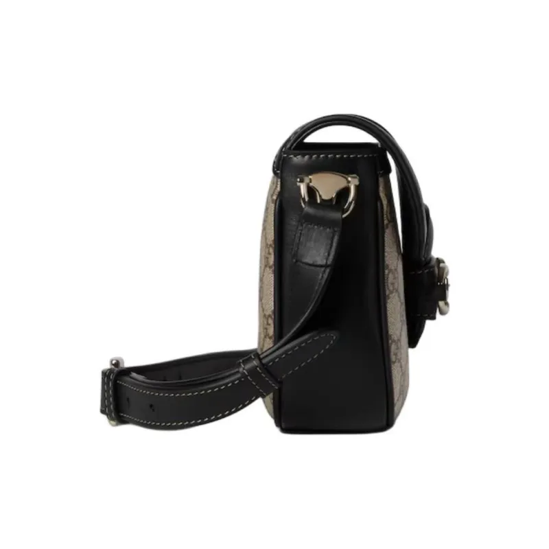 GUCCI Horsebit 1955 Coated Material Shoulder Bag Mini Women's Beige & Dark Brown-2